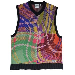 😎 Ragged Multicolor Abstract Plaid Sweater Vest – Size S